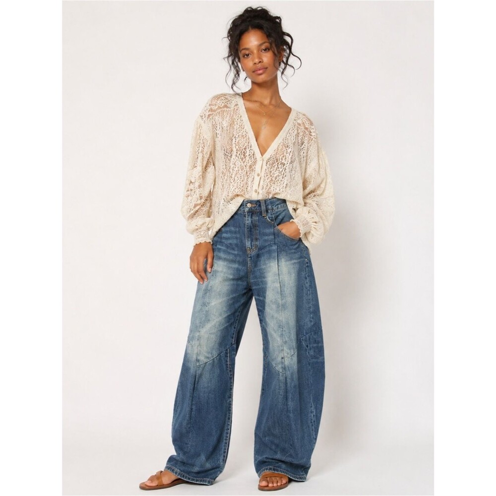 JNBY Wide Leg Patchwork Jeans Small Boho Barrel Balloon Denim Pants